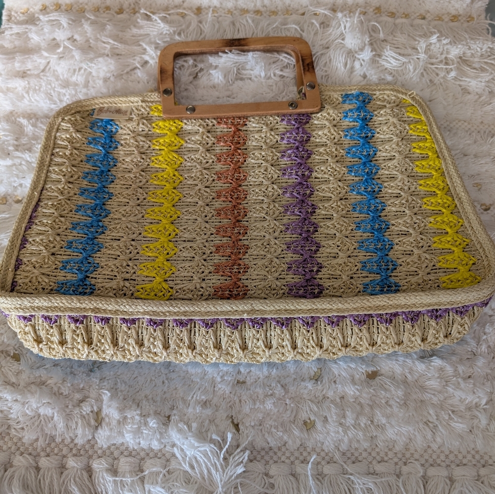 Bag Colorful Woven Tote with Wooden Handles